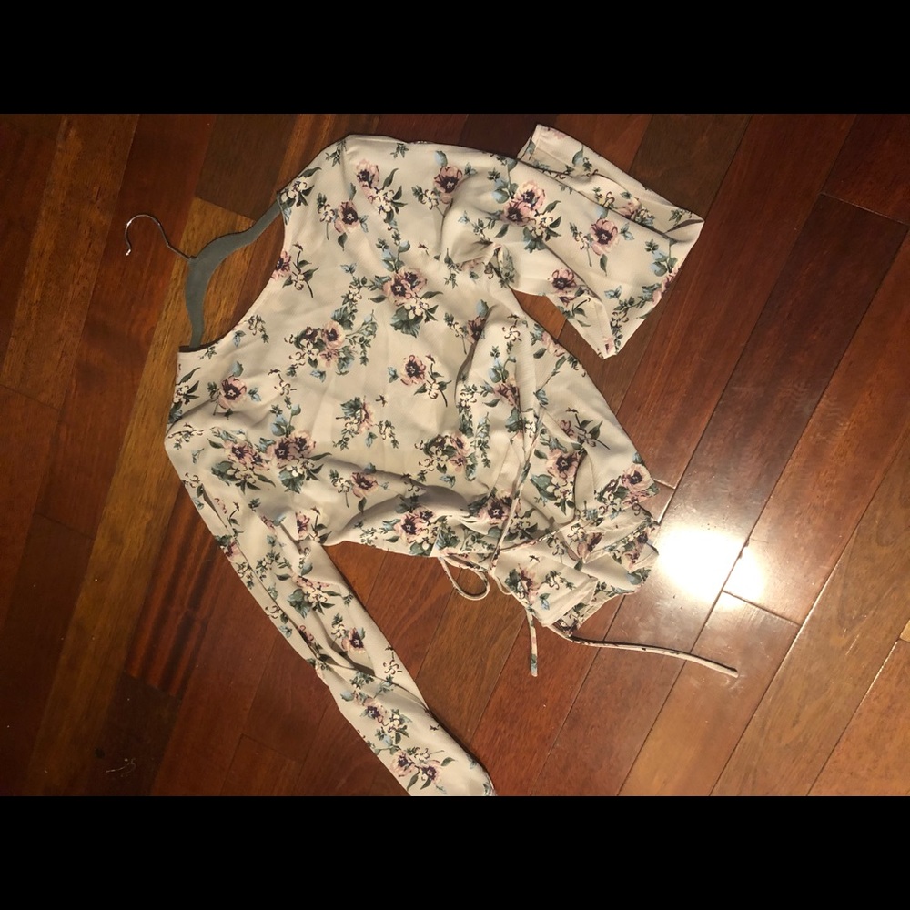 Pink floral wrap top